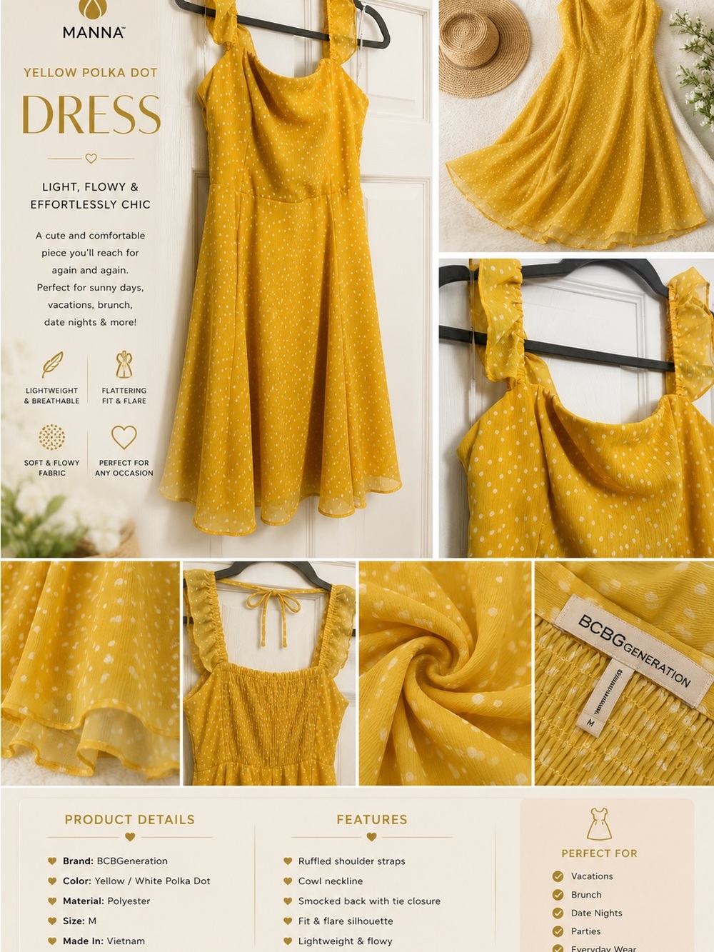 BCBGeneration Yellow White Polka Dot Fit & Flare Sundress